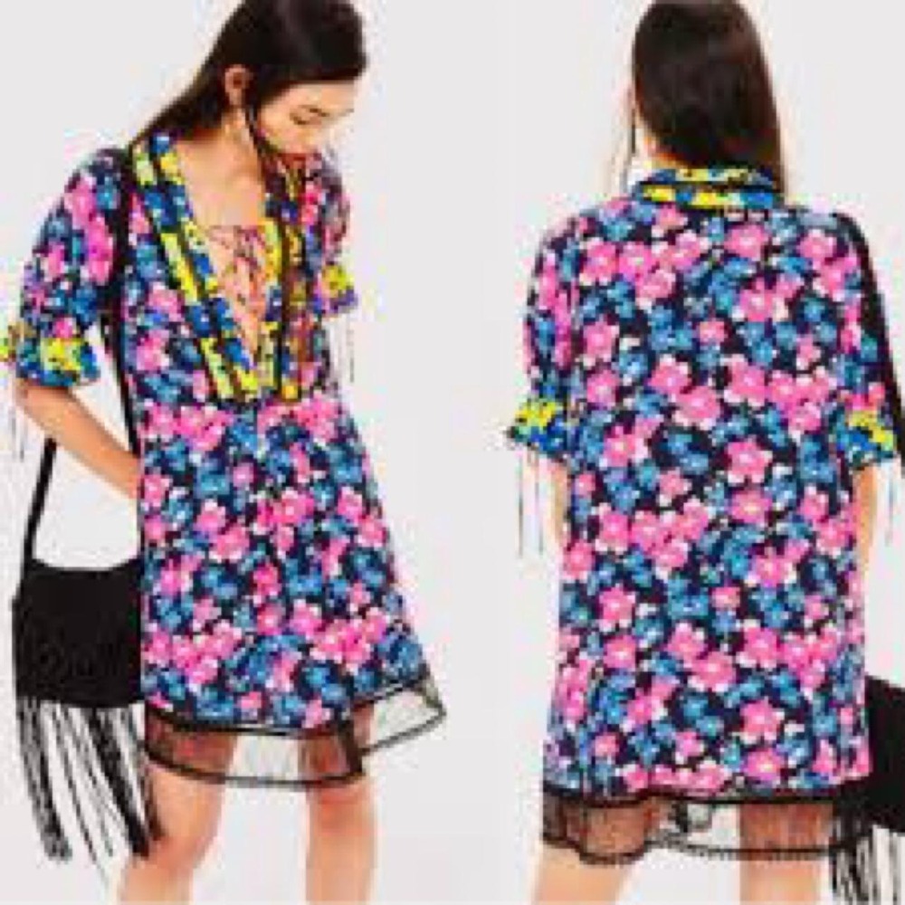 Topshop floral print pink, blue, and yellow floral print mini dress